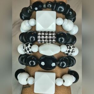 Chunky Black and White Wooden Beaded Bracelet Set